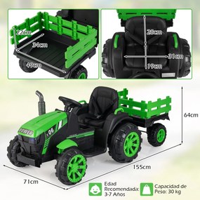 Trator elétrico para crianças 24V com faróis LED RGB Música Porta USB Reboque removível e controle remoto Verde