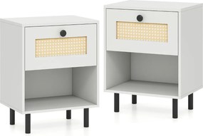 Conjunto de 2 mesas de cabeceira com gaveta estilo boémio, com pés de metal e compartimento aberto 40 x 30 x 52 cm Branca