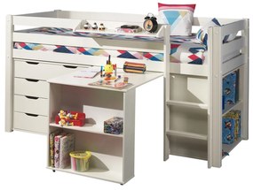 Conjunto Cama alta de Criança PINO 90 x 200 cm + estrado + escada secretária extensível + estante + cómoda com 4 gavetas + prateleira suspensa branca