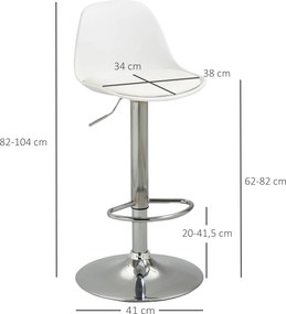 Conjunto de 2 bancos de bar e cadeiras altas de cozinha com encosto e apoio para os pés, altura ajustável, 41 x 42 x 82–104 cm, branco