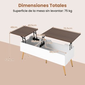 Mesa de centro moderna elevável com 2 compartimentos de armazenamento ocultos 111 x 48 x 40-53,5 cm Branco e cor nogueira