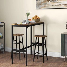 Conjunto de mesa alta de bar + 2 bancos com estrutura em aço e tampo com efeito de madeira de mogno para 2 pessoas, castanho rústico, preto