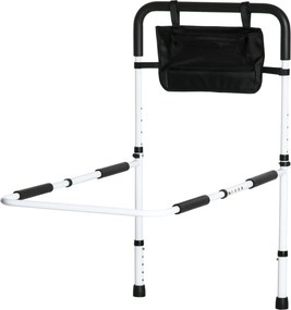 Barra de apoio para cama com pés, proteção ajustável em 5 alturas, bolso de arrumação, 52 x 85-95 x 71-102 cm, branco e preto