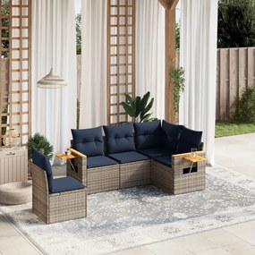 5 pcs conjunto sofás p/ jardim c/ almofadões vime PE cinzento