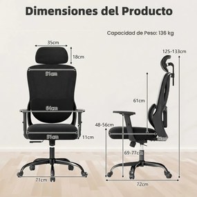 Cadeira ergonómica de escritório com apoio de cabeça ajustável e apoio lombar giratório e reclinável para casa, escritório Preto