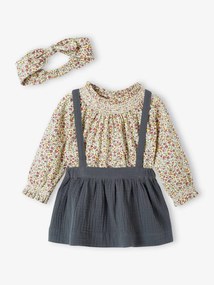 Conjunto de 3 peças: camisola + fita de cabelo + saia com alças, para bebé verde