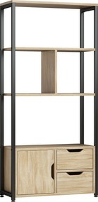 HOMCOM Estante Estilo Industrial 3 Prateleiras Armário com Porta 2 Gavetas 58x24x122 cm Efeito Madeira Natural Aço Preto | Aosom Portugal