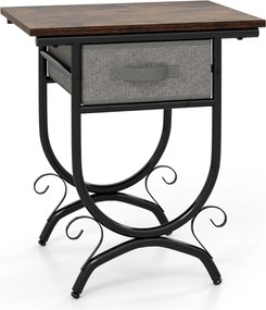 Mesa de cabeceira com gaveta de tecido, tábua de madeira e estrutura metálica 48 x 35 x 53 cm Castanho e cinzento