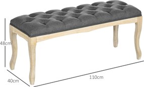 Banco estofado estilo clássico, 110 cm, para colocar ao pé da cama, estofado em linho, com base em madeira de hevea esculpida, linho cinzento
