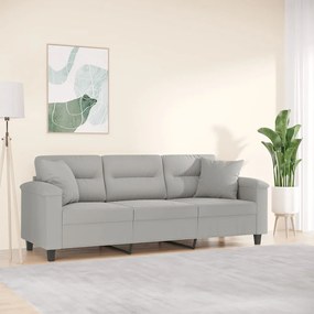 Sofá 3 lugares c/ almofadas 180 cm microfibra cinzento-claro