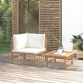 2 pcs conjunto lounge de jardim bambu c/ almofadões branco nata
