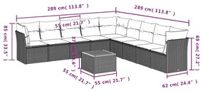 10 pcs conjunto sofás p/ jardim c/ almofadões vime PE cinzento