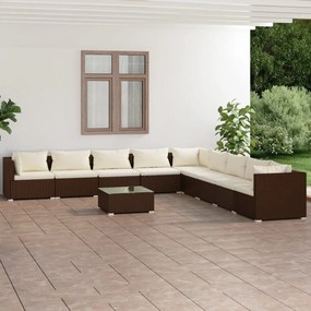 vidaXL 10 pcs conjunto lounge jardim c/ almofadões vime PE castanho