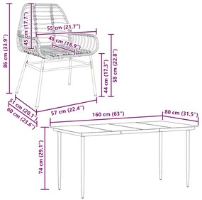 Conjunto jantar jardim 7 peças vidro vime PE castanho
