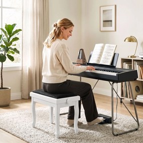 Banco de piano 61,5 L x 33 P x 45-56 A cm ajustável em altura de 45 a 56 cm, banco de teclado, assento almofadado em veludo, branco