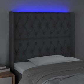 Cabeceira de cama c/ LED tecido 93x16x118/128 cm cinza-escuro