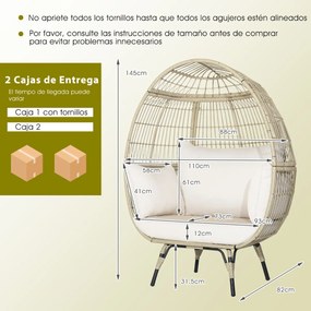Cadeira Ovo de vime para jardim com capacidade para 205 kg e 4 almofadas Estrutura metálica robusta 110 x 82 x 145 cm Castanho claro