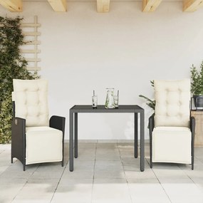 vidaXL 3 pcs conjunto de jantar p/ jardim c/ almofadões vime PE preto