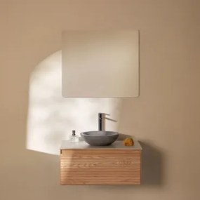 Conjunto De Móvel De Casa De Banho Suspenso 80x50 Cm Em Madeira De Freixo Tedrik Castanho Fresno & Cimento Cinzento Redondo Ø40 Cm Tarsis - Sklum
