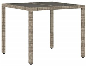 Mesa de jardim com tampo de vidro 90x90x75 cm vime PE cinzento