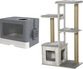 PawHut Conjunto para Gatos com Arranhador para Gatos 114 cm com Múltiplas Plataformas e Caixa de Areia Coberta Cinza | Aosom Portugal