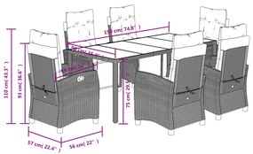 7 pcs conjunto de jantar p/ jardim c/ almofadões vime PE preto