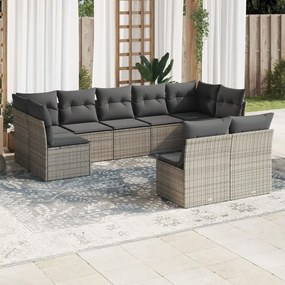 9 pcs conjunto sofás p/ jardim com almofadões vime PE cinzento