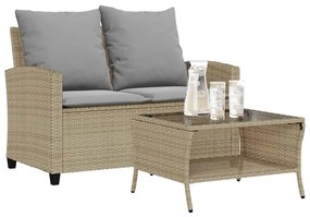 vidaXL Sofá de jardim c/ mesa e almofadões 2 lugares vime PE bege