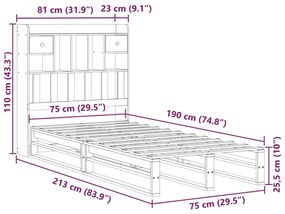 Cama com estante sem colchão 75x190cm pinho maciço castanho-mel