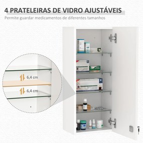 Armário de Medicamentos de Parede 5 Níveis com Prateleiras de Vidro Ajustáveis Fechadura Chaves 30x20x70 cm Branco