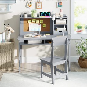 Conjunto de secretária e cadeira infantil em madeira com prateleira de cortiça, estação de computador para quarto, escola, Cinzenta