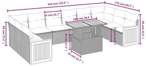 11 pcs conjunto sofás de jardim c/ almofadões vime PE cinzento