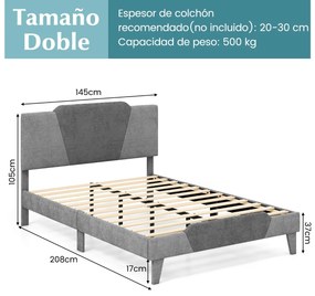 Estrutura de cama em veludo com cabeceira em ripas de madeira maciça para apoio do colchão (Não incluido) Fácil montagem. 208 x 145 x 105 cm. Cinza