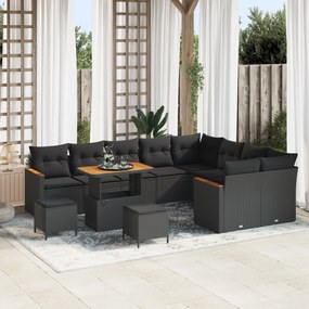 Conjunto de Sofás de Jardim vidaXL 12 Peças com Almofadas Preto Vime Acácia