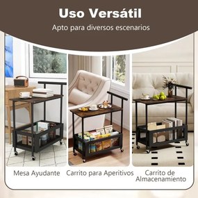 Mesa apoio ou carrinho de Cozinha 60 x 40 x 72 cm com Rodas e Pega 2 Níveis Prateleira Aberta e Cesto de Malha para Sala, Quarto, Cozinha Castanha Rús