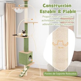 Arranhador para gatos do chão ao teto com altura ajustável 218-253 cm 5 níveis com cápsula espacial Postes de arranhar em sisal Verde