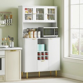 Armário de Cozinha Móvel Auxiliar de Cozinha Armário Alto com 3 Portas de Vidro Suporte para Garrafas 100x40x180 cm Branco