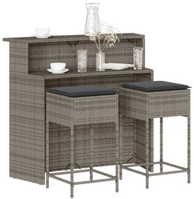 vidaXL 3 pcs conjunto de bar p/ jardim c/ almofadões vime PE cinzento