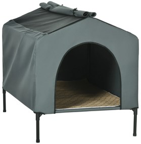 PawHut Casa para Cães com Cobertura Exterior Cama Elevada com Almofada Acolchoada e Janelas de Malha 110x75x87 cm Cinza