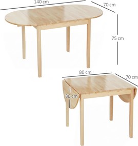 Mesa de jantar dobrável oval em madeira maciça 140 x 70 x 75 cm, com 2 abas (CADEIRAS NÃO INCLUIDAS), que ocupa pouco espaço,  Cor: natural