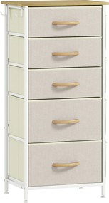 HOMCOM Cômoda de quarto com 5 gavetas de tecido, travessas de aço, superfície de madeira, 4 bolsos de arrumação, 2 ganchos, Bege | Aosom Portugal