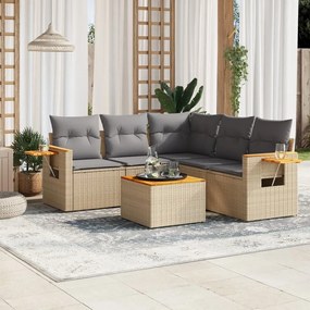 6 pcs conjunto de sofás p/ jardim com almofadões vime PE bege