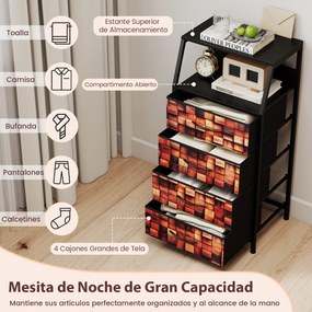 Mesa de cabeceira 40 x 29 x 83 cm com 4 gavetas revestidas a tecido, Estrutura metálica e armário vertical para arrumação no quarto, castanho