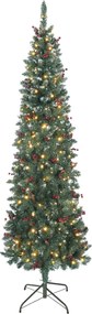 HOMCOM Árvore de Natal Slim 210 cm com Luzes LED 8 Modos de Iluminação 656 Ramos com Purpurina Prateada Pinhas e Bagas Verde | Aosom Portugal