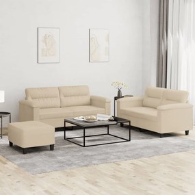 3 pcs conj. sofás c/ almofadões tecido de microfibra cor creme
