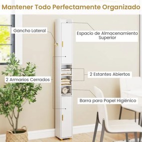 Armário de Casa Banho alto 20 x 20 x 179 cm com prateleiras ajustáveis, gancho lateral, barra e suporte para papel higiênico Branco