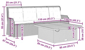 3 pcs conjunto de sofás p/ jardim com almofadões vime PE bege