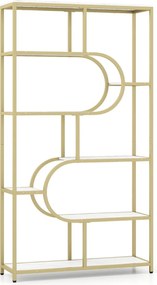 Estante de 8 prateleiras abertas 95 x 30 x 175 cm Design em forma de U Estrutura metálica Branca e Dourada