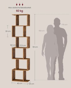Estante com seis prateleiras abertas 24 x 40 x 191 cm Castanho vintage