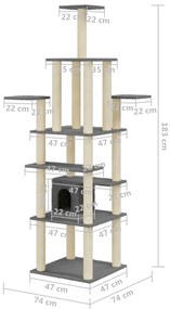 Árvore p/ gatos c/ postes arranhadores sisal 183cm cinza-escuro